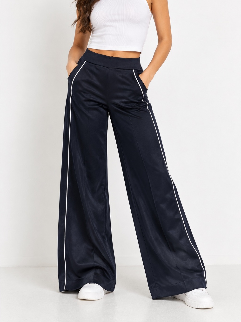 Wilfred Black Wide-Leg Pants with White Piping